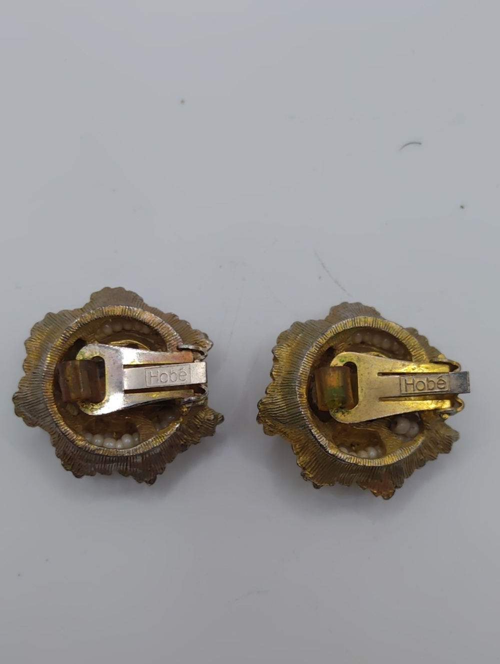 Hobé Antique Gold Tone and White Bead Accent Clip On Earrings - Picture 5 of 6